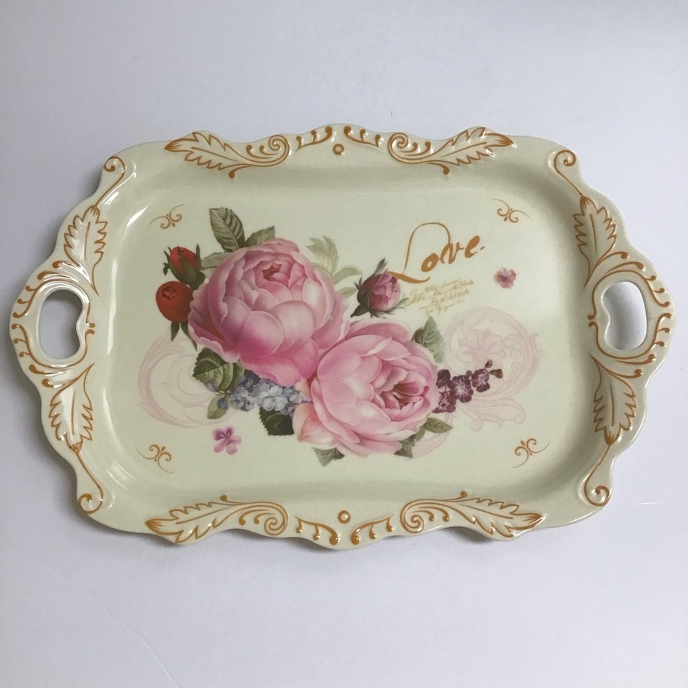 LAST 1! Floral Serving Tray Melamine Handles Cream Pink Peonies Tea Vanity NEW - Picture 7 of 14